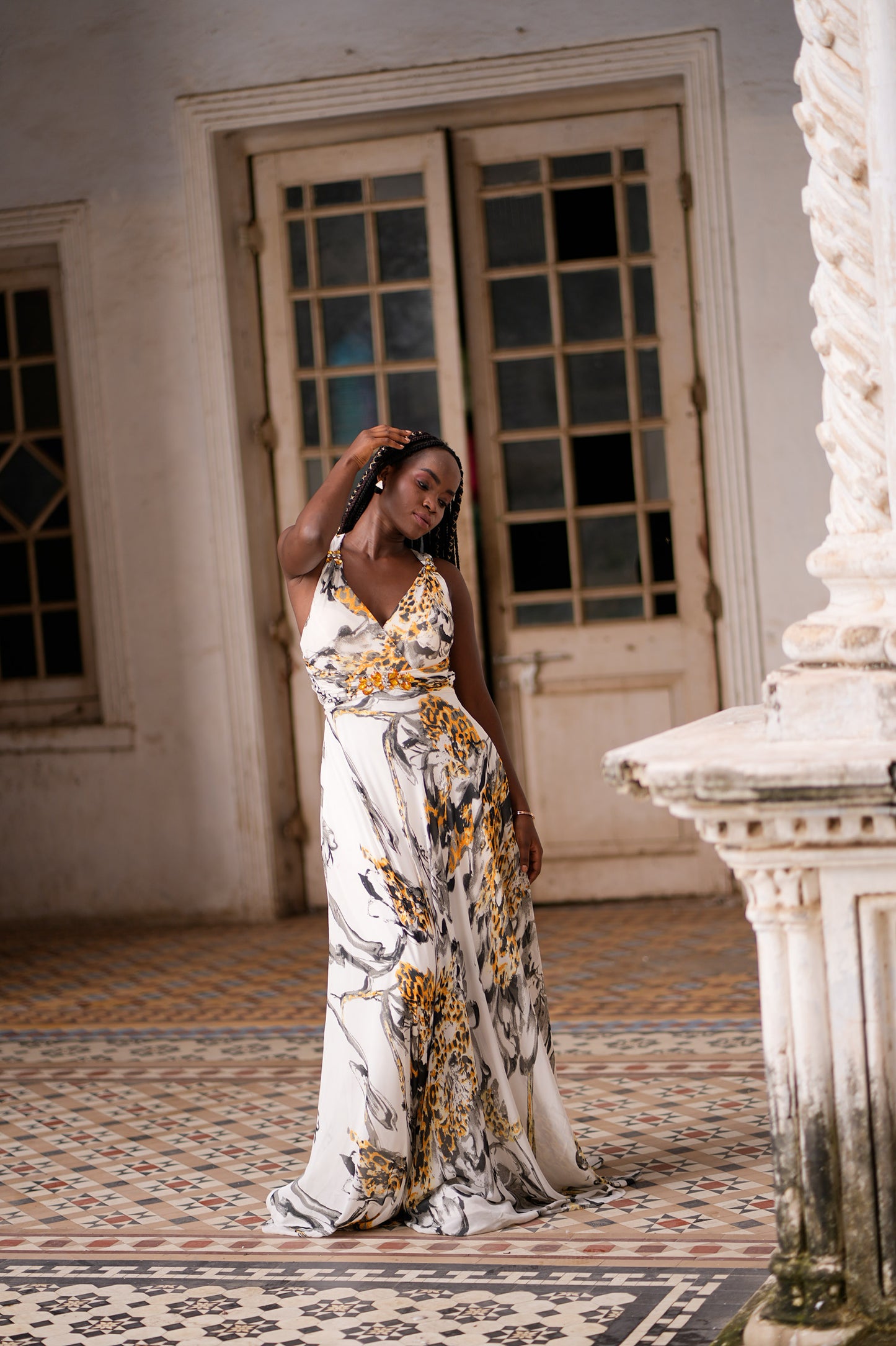 Yellow & White Satin summertime Animal Print Party Wear Gown