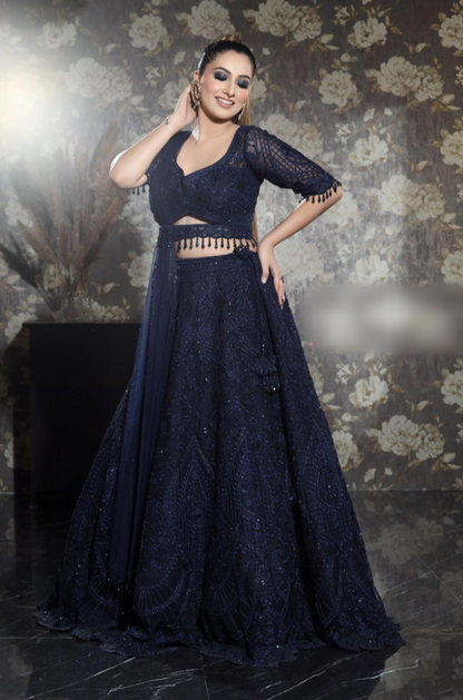 Navy Blue Soft Net Thread Embroidered Lehenga