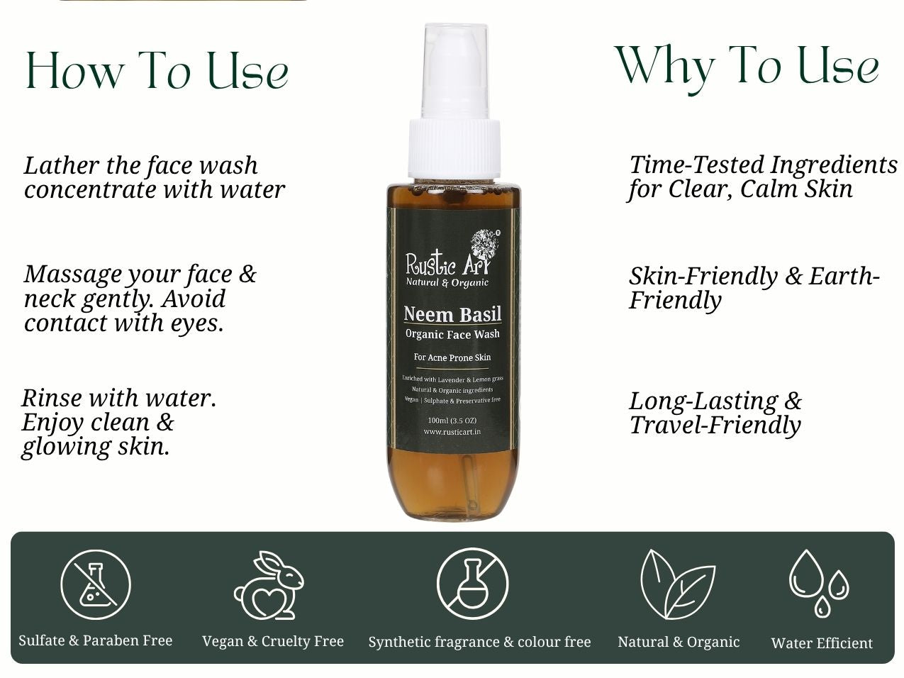 Neem Basil Face Wash (100ml), Rustic Art
