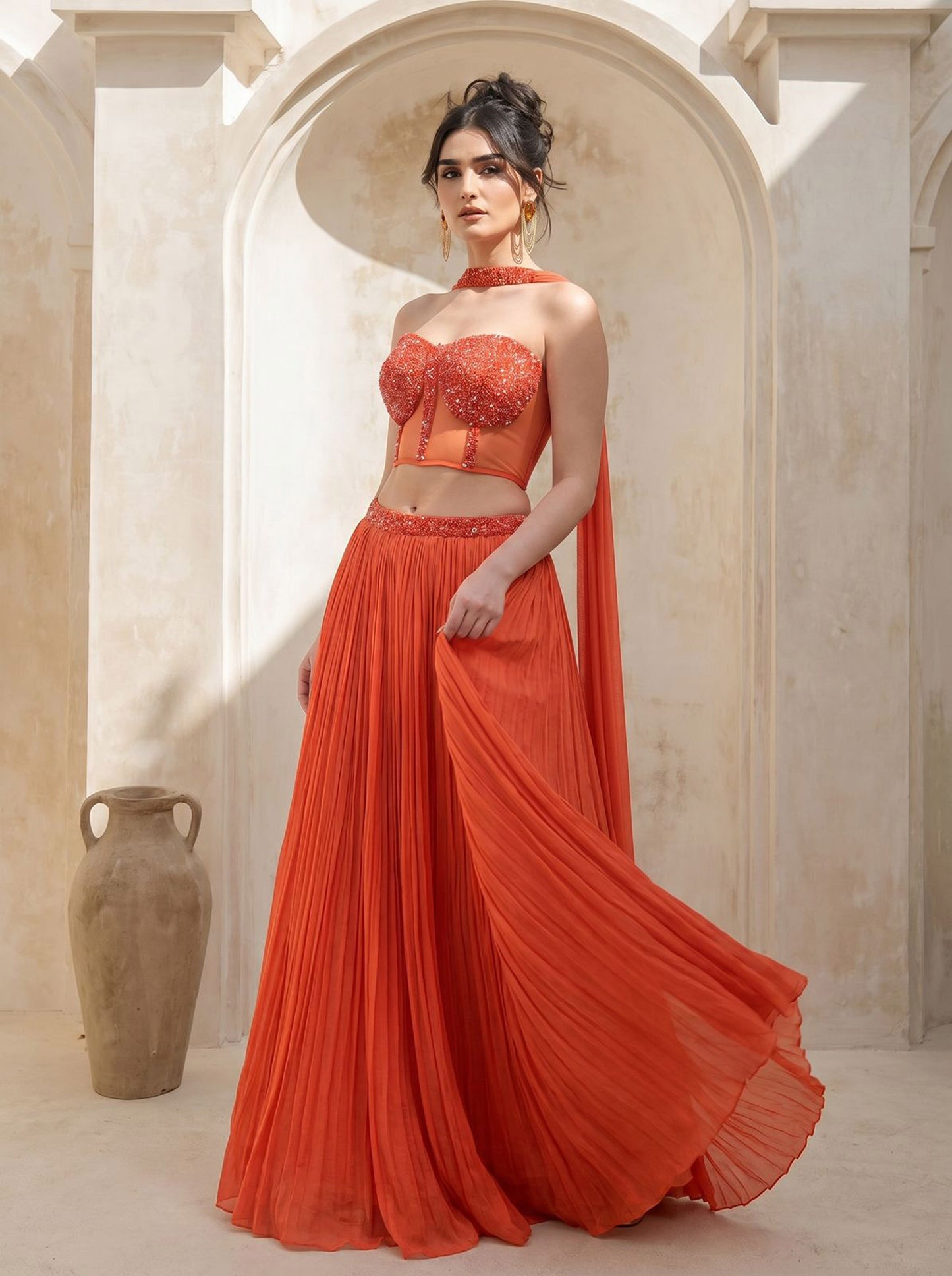 Orange Corset Pure Chinnon Cutdana & Sequence Hand Work Party Wear pleated Skirt & Dupatta