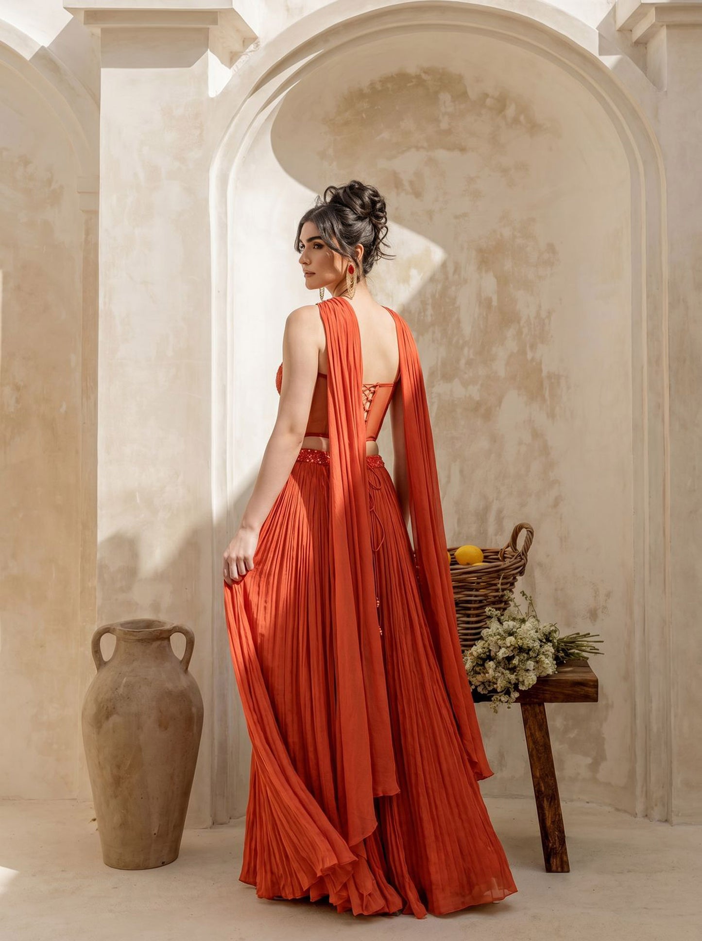 Orange Corset Pure Chinnon Cutdana & Sequence Hand Work Party Wear pleated Skirt & Dupatta
