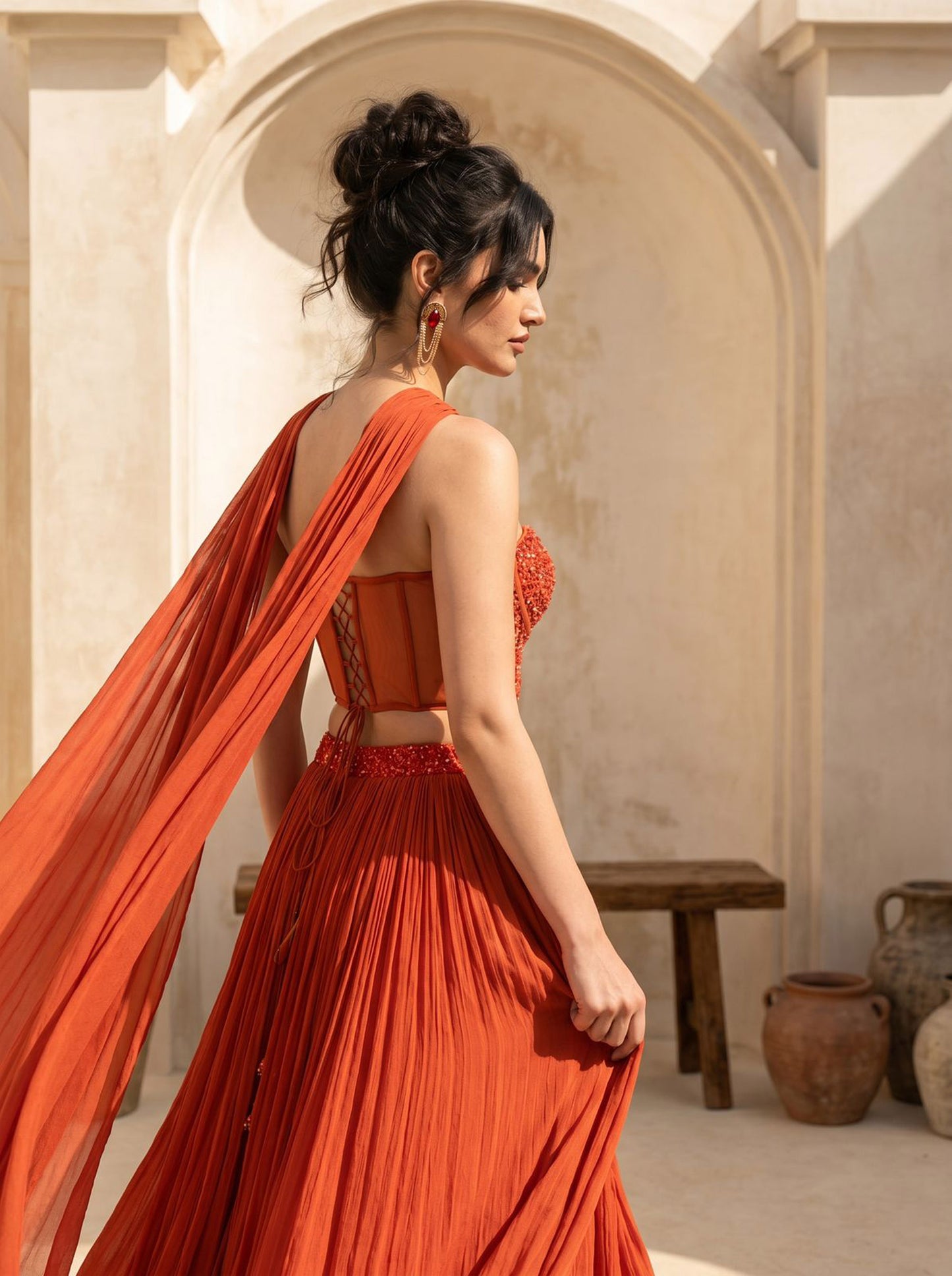 Orange Corset Pure Chinnon Cutdana & Sequence Hand Work Party Wear pleated Skirt & Dupatta