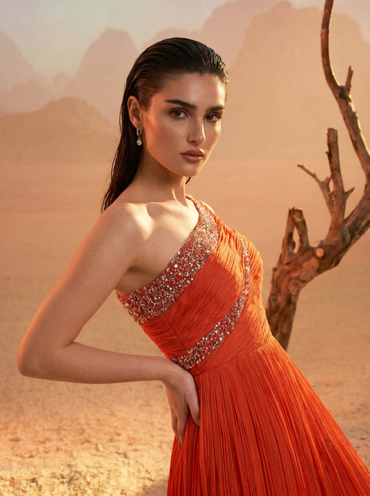 Orange One-Shoulder  Pure Chinnon Party Wear  Pleated Gown