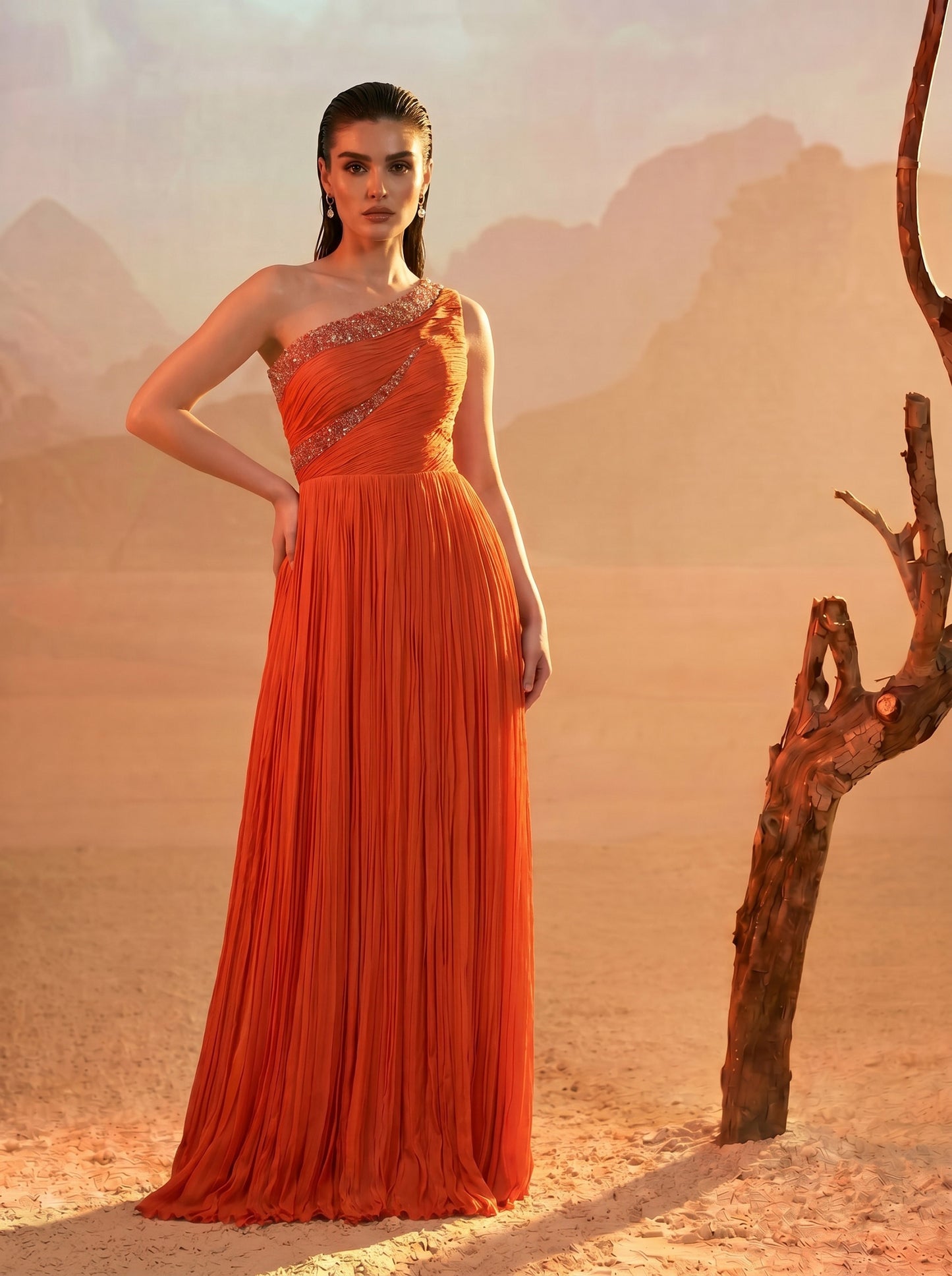 Orange One-Shoulder  Pure Chinnon Party Wear  Pleated Gown