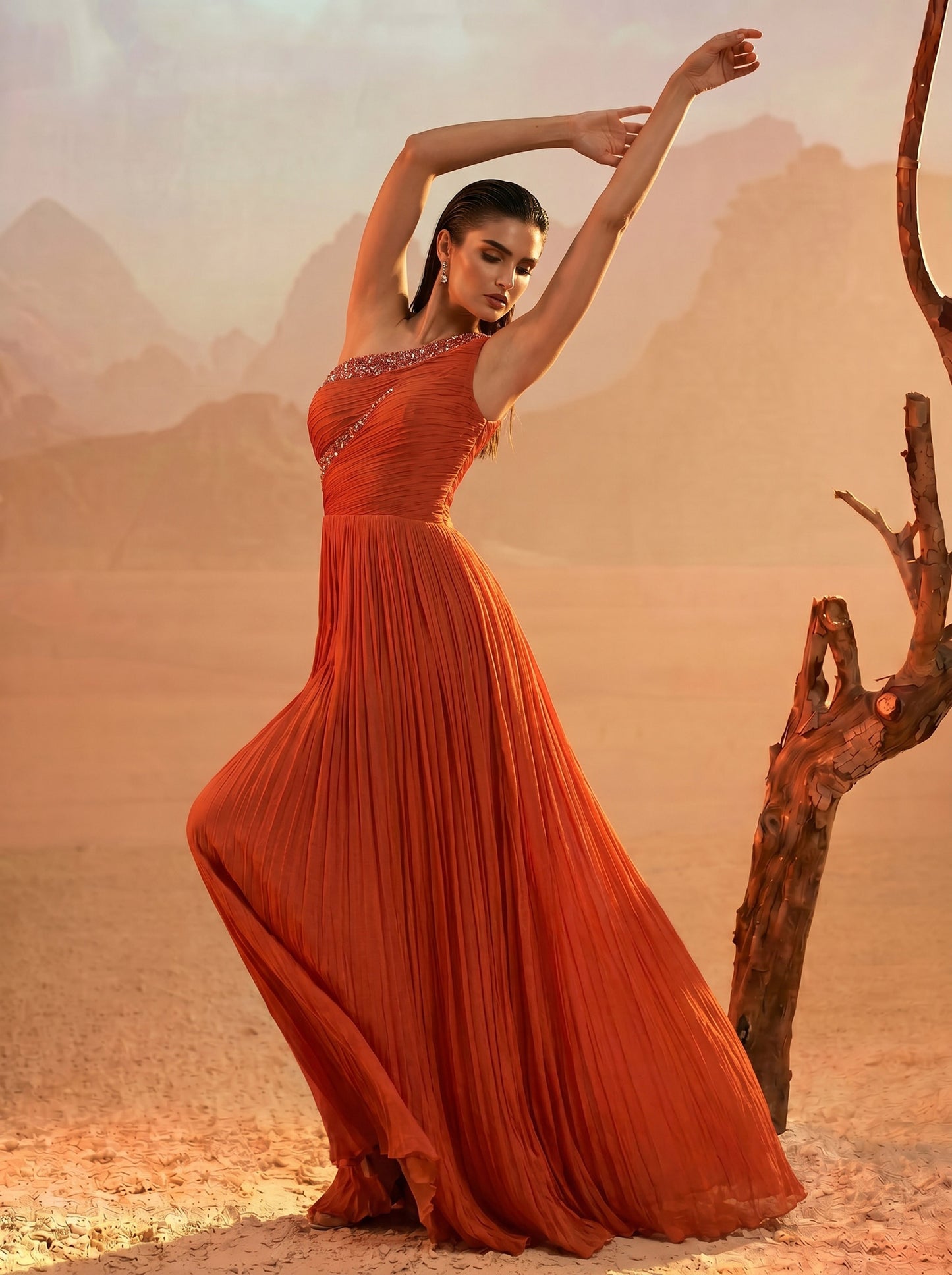 Orange One-Shoulder  Pure Chinnon Party Wear  Pleated Gown