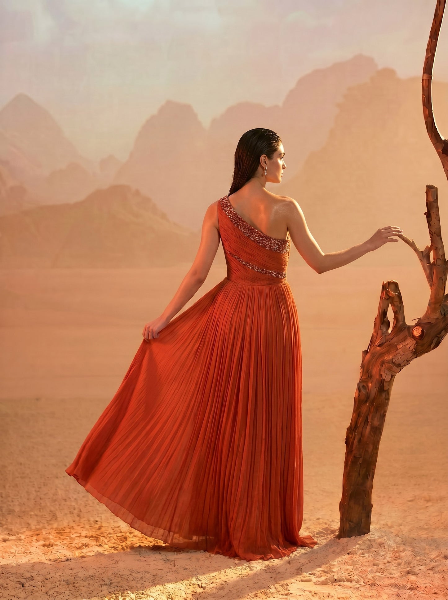 Orange One-Shoulder  Pure Chinnon Party Wear  Pleated Gown