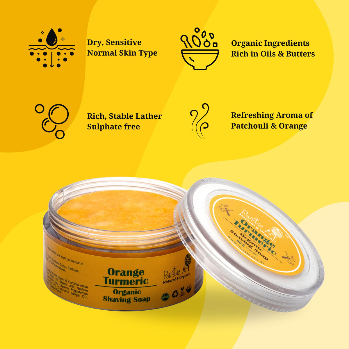 Orange Turmeric Shaving Soap (50gm), Rustic Art