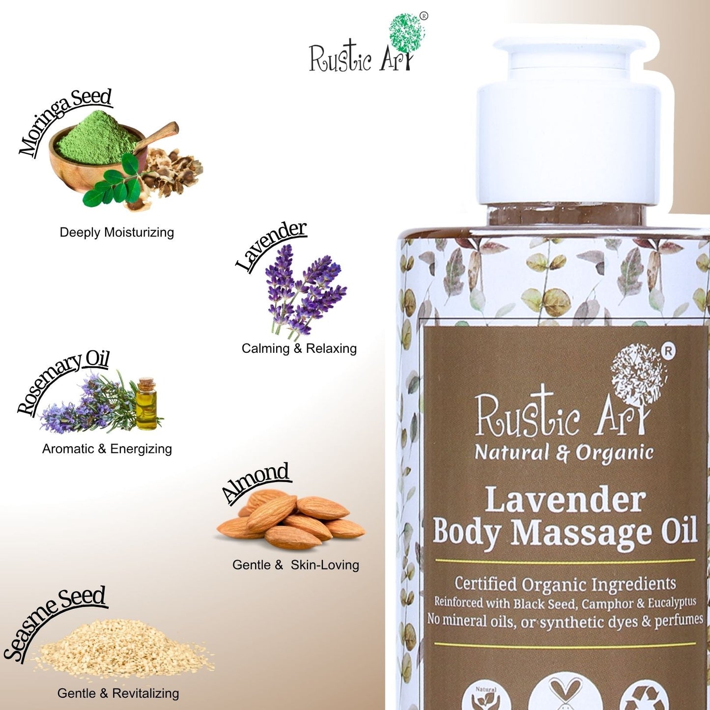 Organic Lavender Body Massage Oil (200ml), Rustic Art