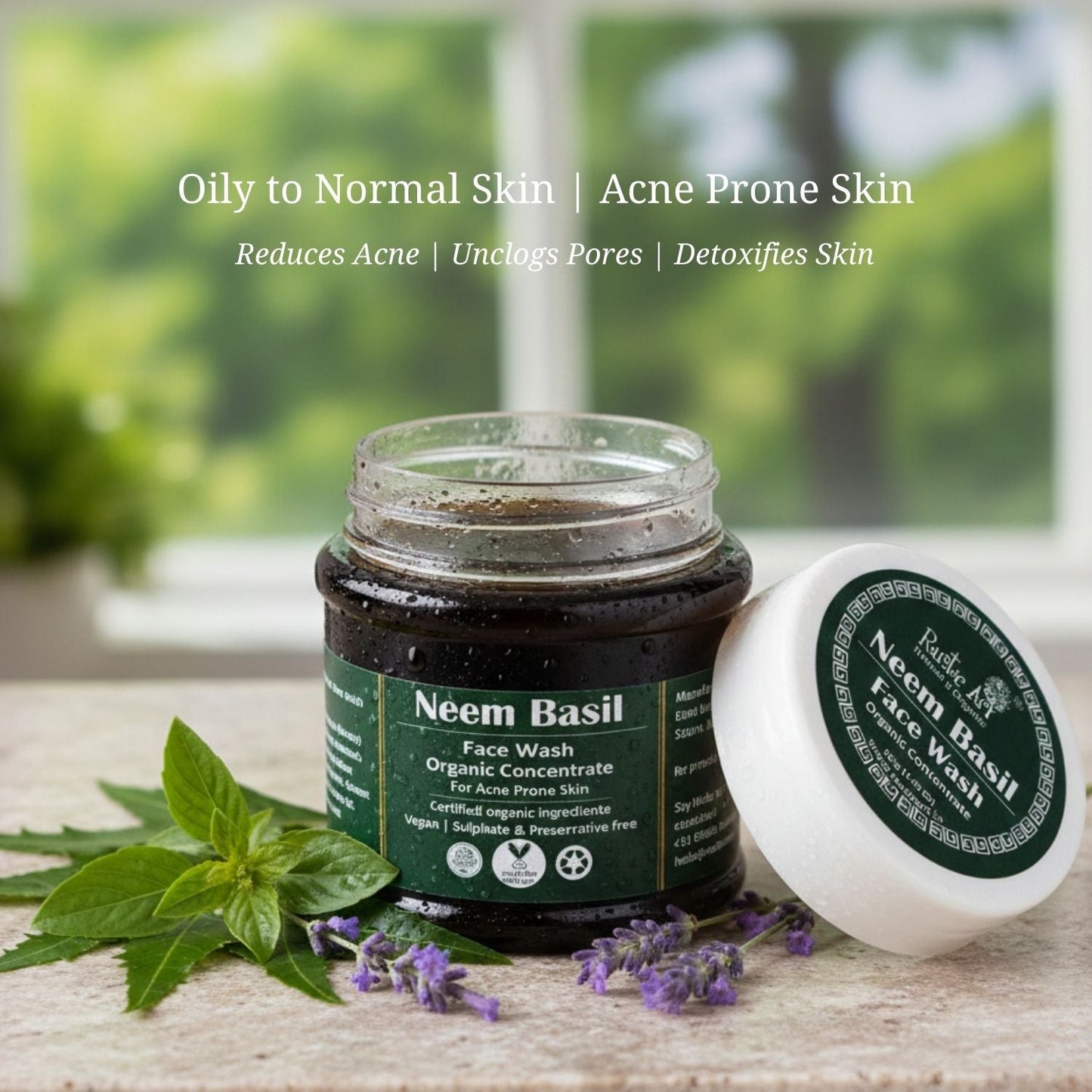 Organic Neem Basil Face Wash Concentrate - Anti Acne Deep Cleansing for Oily & Acne Prone Skin | Pimple Control | SLS & Paraben Free (125gm), Rustic Art