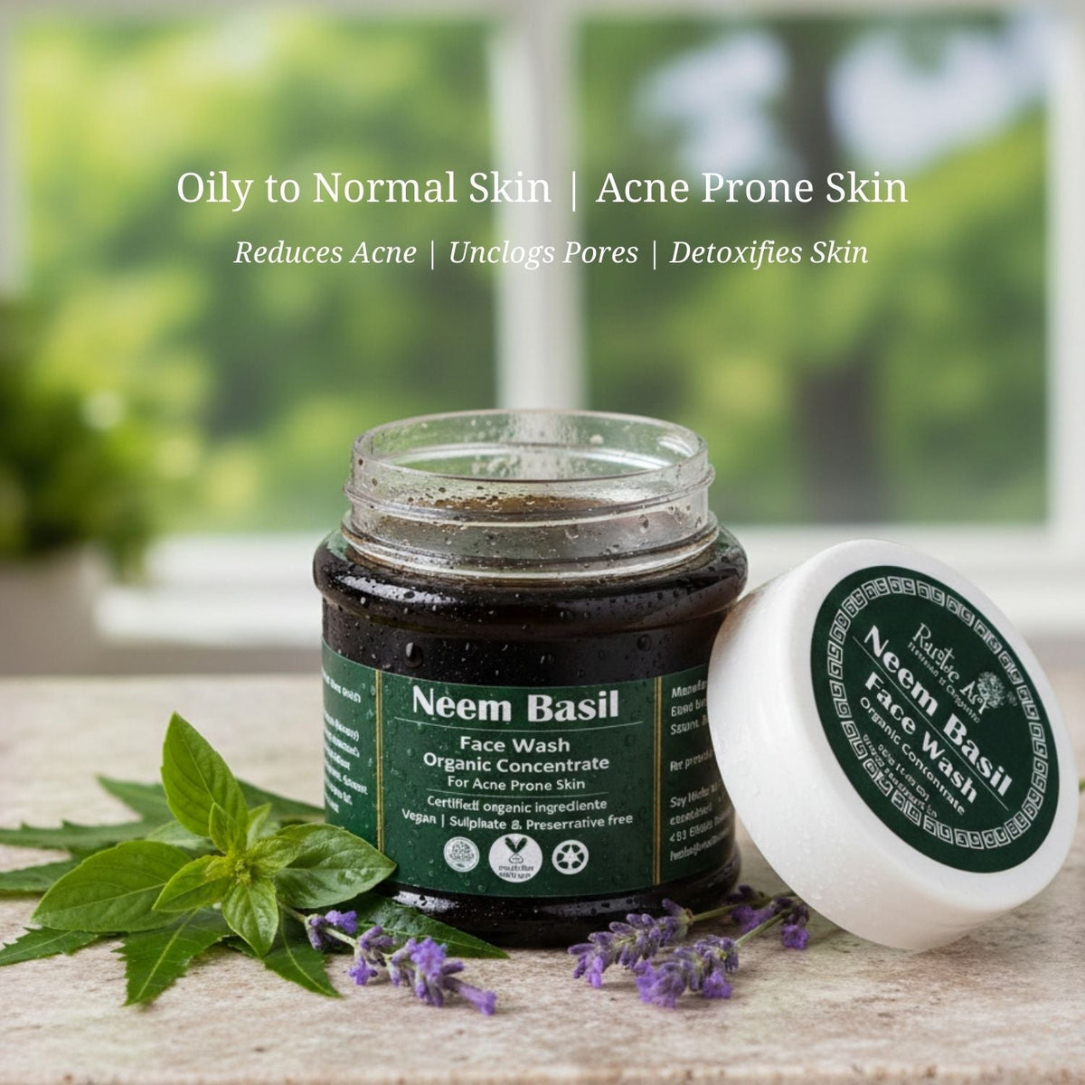Organic Neem Basil Face Wash Concentrate - Anti Acne Deep Cleansing for Oily & Acne Prone Skin | Pimple Control | SLS & Paraben Free (125gm), Rustic Art