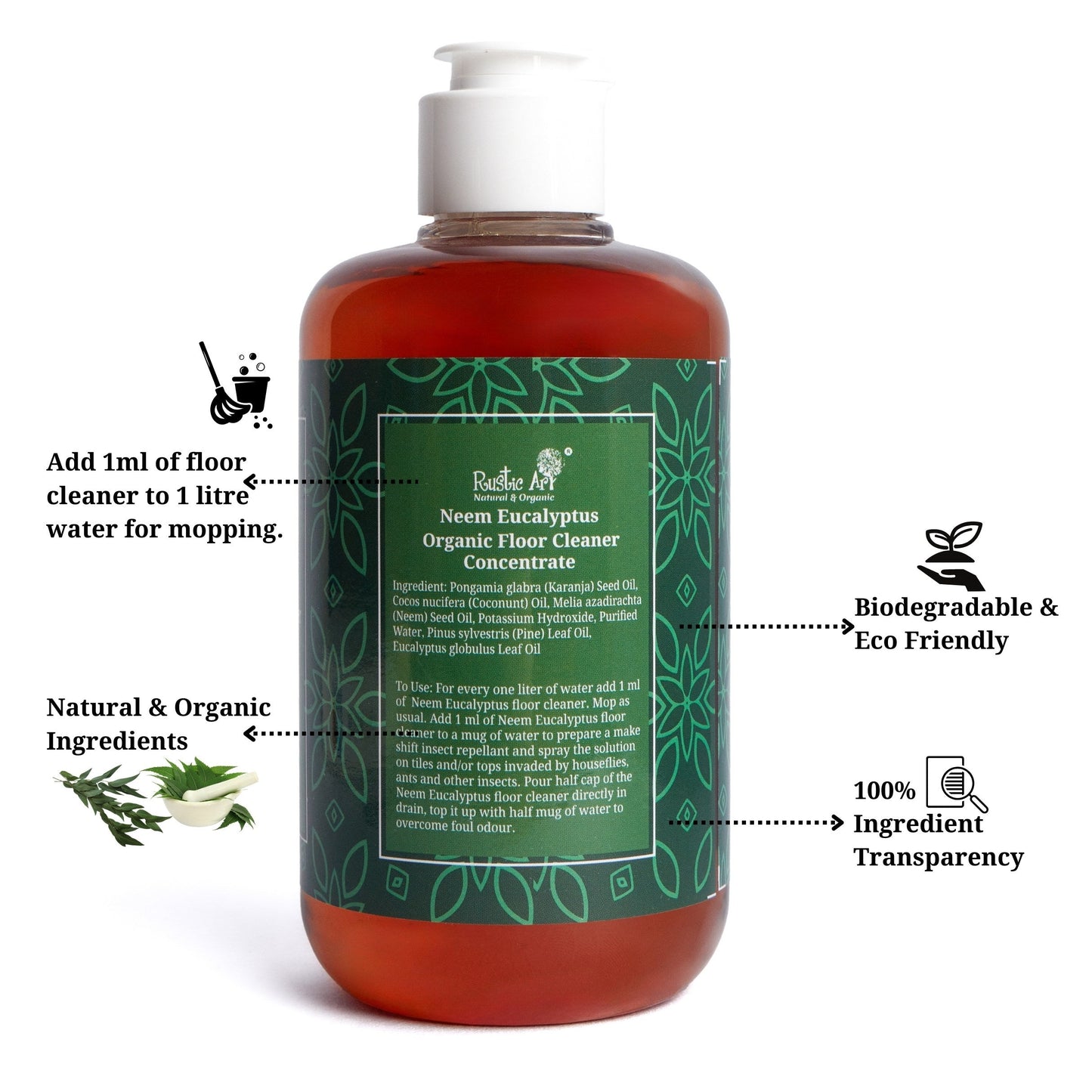 Organic Neem Eucalyptus Floor Cleaner Concentrate (300ml), Rustic Home