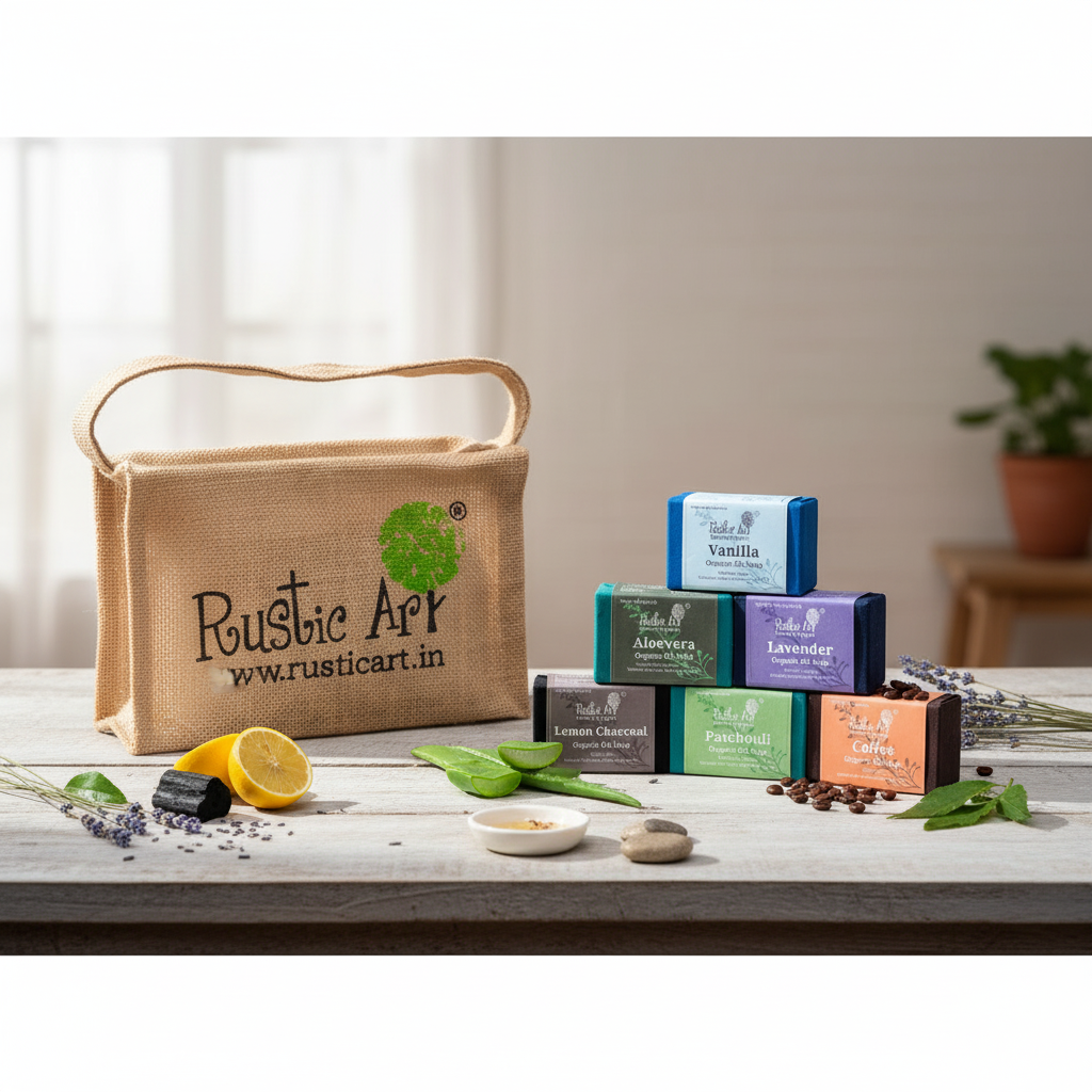 Organic Soaps Gift Set, Pack of 6 Soaps |  Lavender, Coffee, Aloe Vera, Vanilla, Patchouli, Lemon Charcoal | Jute pouch, Rustic Art
