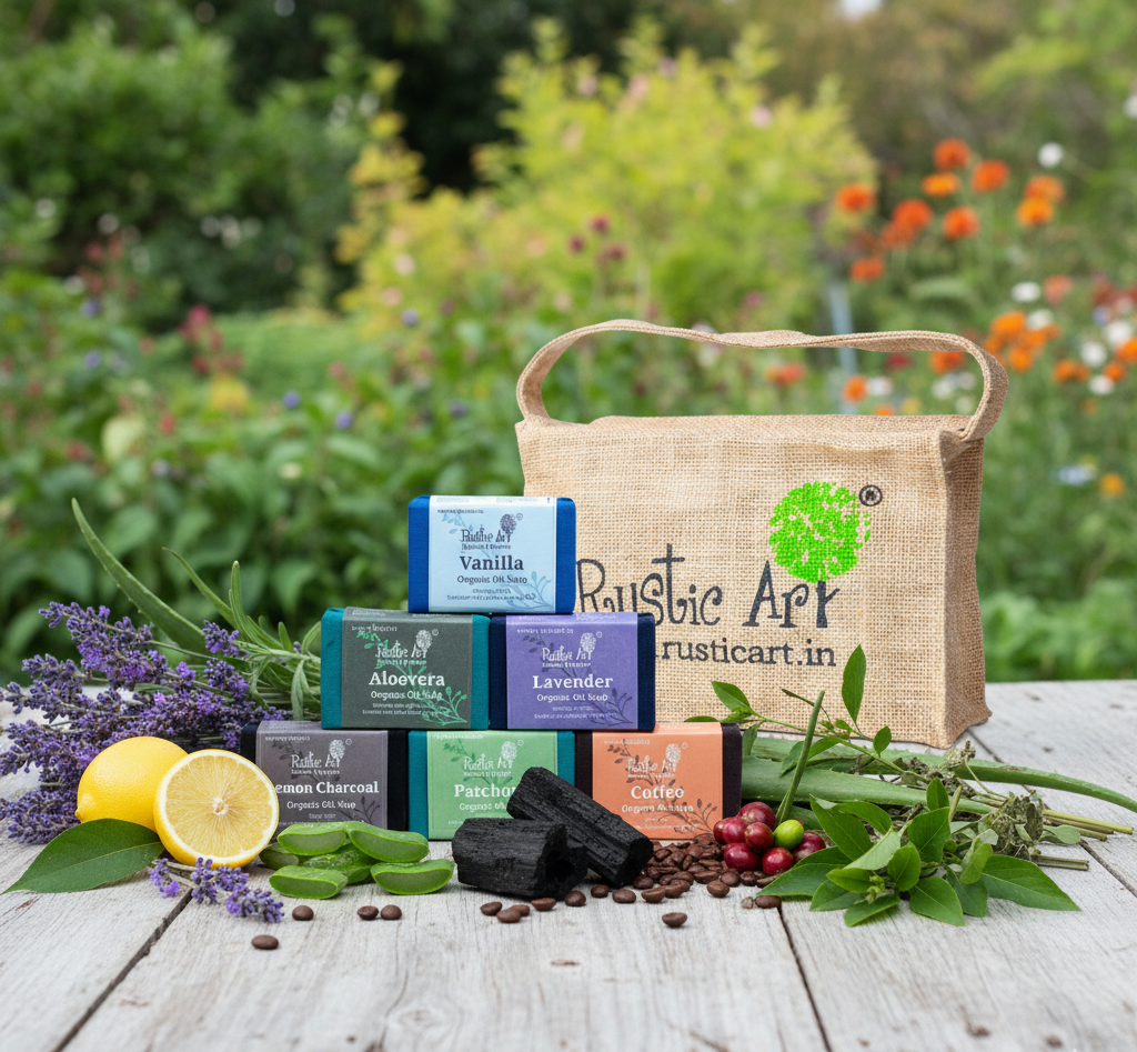 Organic Soaps Gift Set, Pack of 6 Soaps |  Lavender, Coffee, Aloe Vera, Vanilla, Patchouli, Lemon Charcoal | Jute pouch, Rustic Art