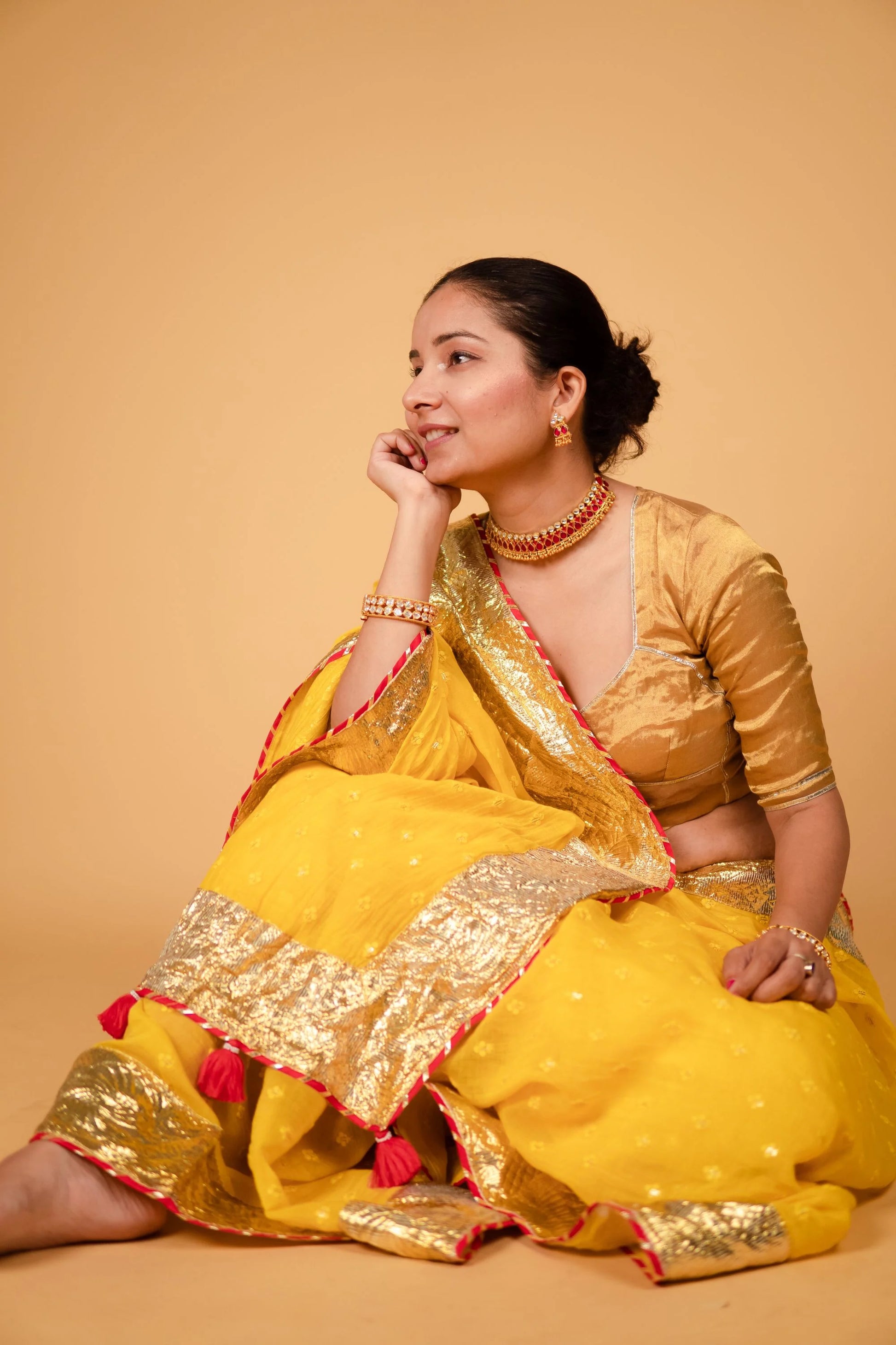 Traditional Saree Sidha Pallu Saree Style Poppuy Yellow Chanderi
