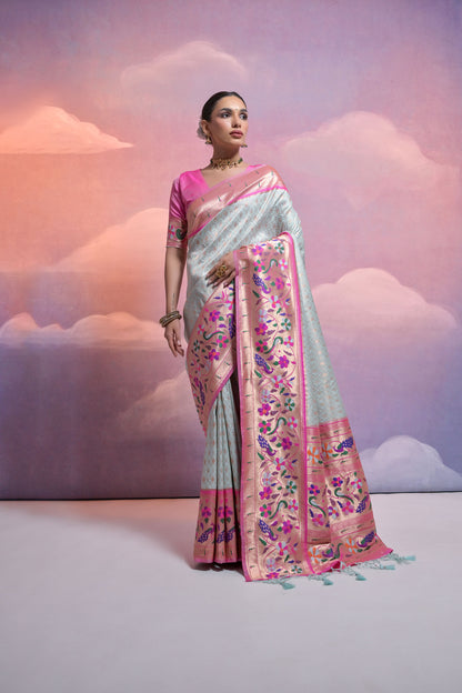 Sea Green Paithani Silk Meenakari Zari Woven Saree