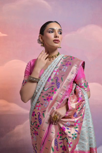 Sea Green Paithani Silk Meenakari Zari Woven Saree