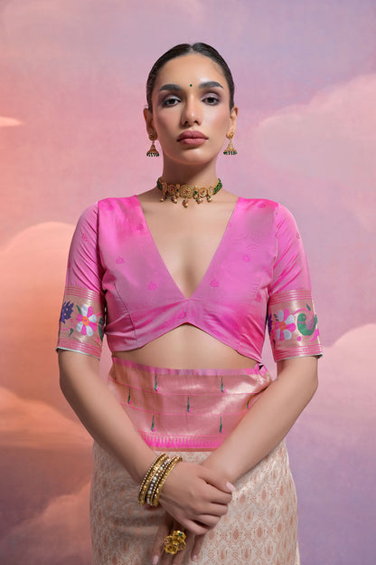 White Paithani Silk Meenakari Zari Woven Saree