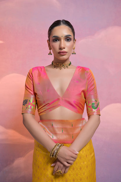 Yellow Paithani Silk Meenakari Zari Woven Saree