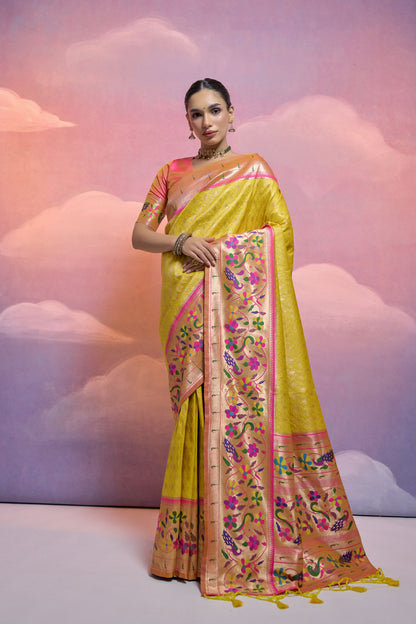 Yellow Paithani Silk Meenakari Zari Woven Saree