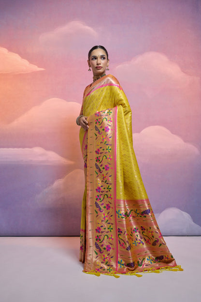 Yellow Paithani Silk Meenakari Zari Woven Saree