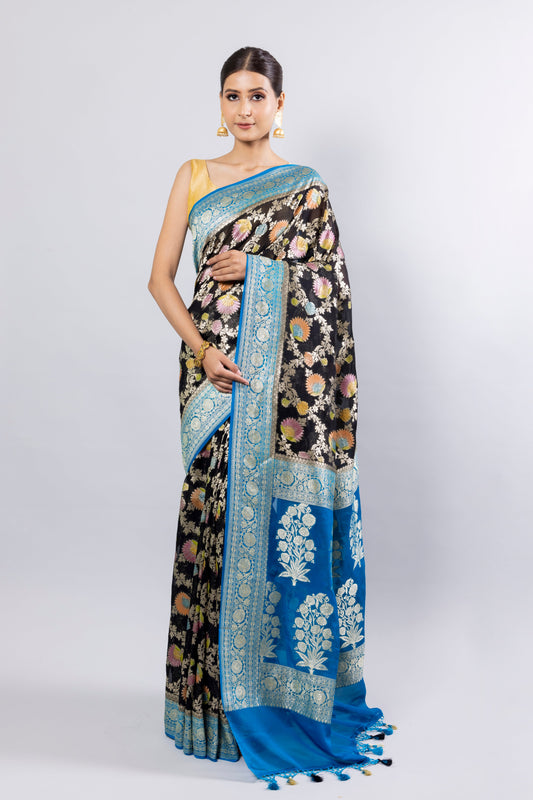 Black Georgette Khaddi Pure Silk Saree - Panaya