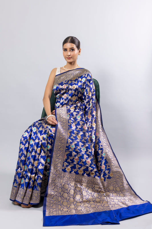 Royal Blue Handwoven Cutwork Katan Silk Saree - Panaya