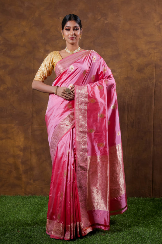Pink Handwoven Kadwa Katan Silk Saree - Panaya