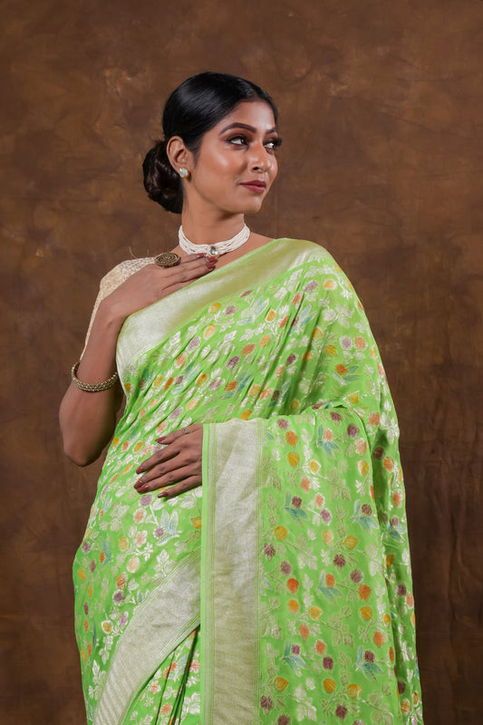 Light Green Georgette Khaddi Pure Silk Saree - Panaya