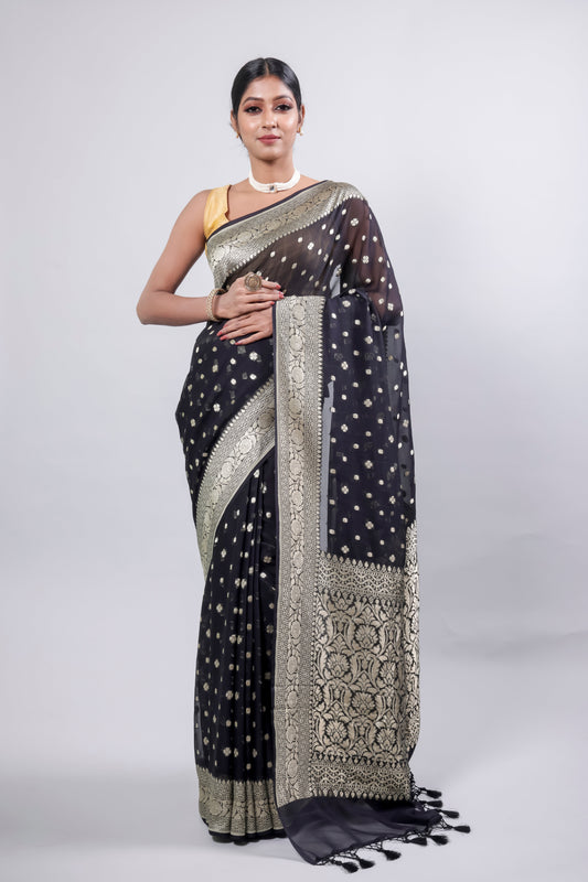 Black Georgette Khaddi Pure Silk Saree - Panaya
