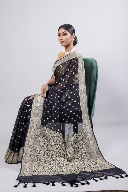 Black Georgette Khaddi Pure Silk Saree - Panaya