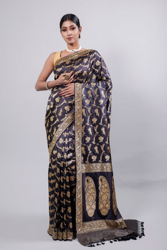 Slate Grey Handwoven Kadwa Katan Silk Saree - Panaya