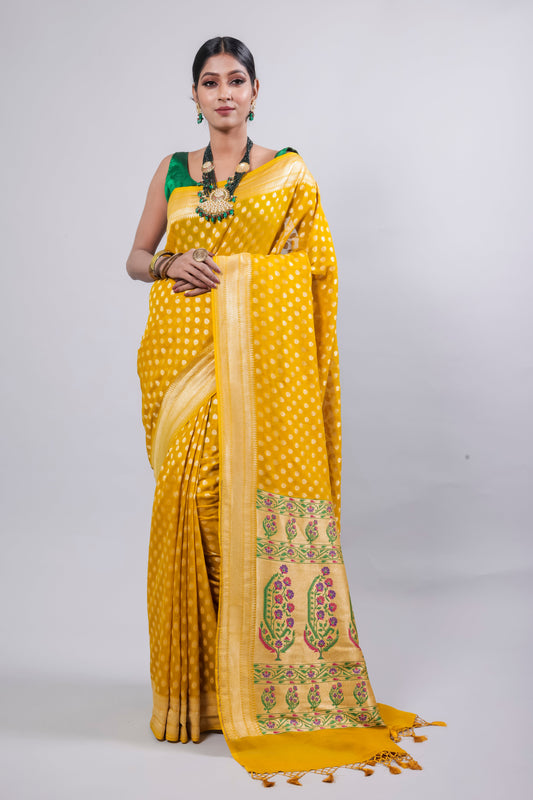 Yellow Georgette Khaddi Pure Silk Saree - Panaya
