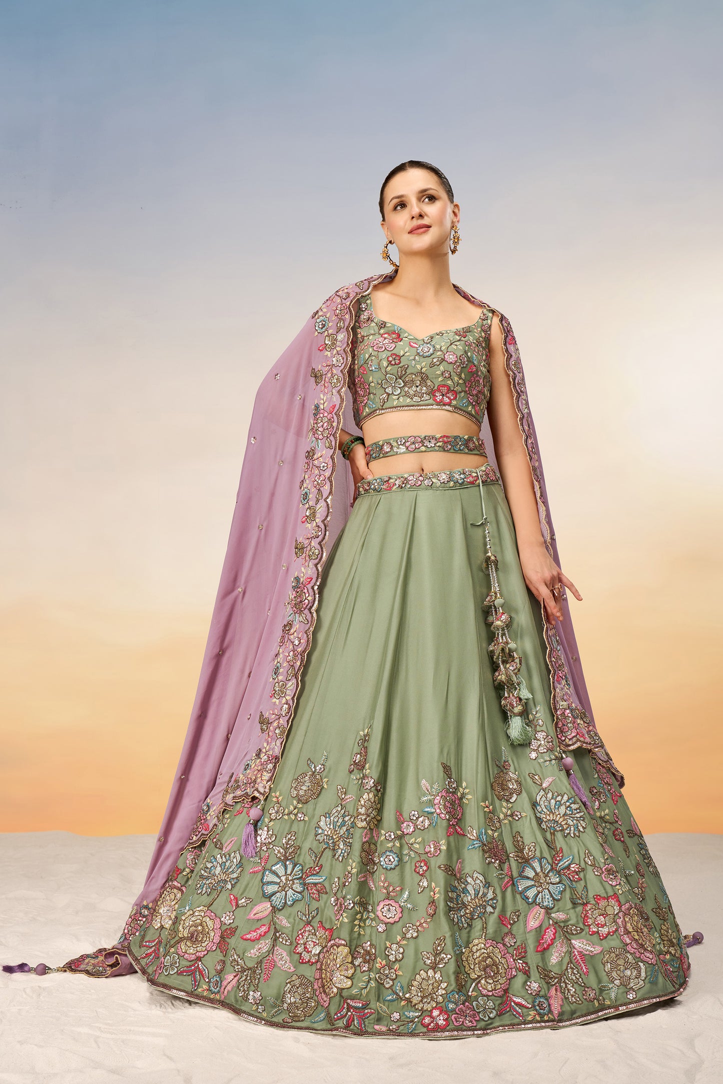 Lime Green Pure Georgette Mirror with Sequins embroidery Semi-Stitched Lehenga choli & Dupatta