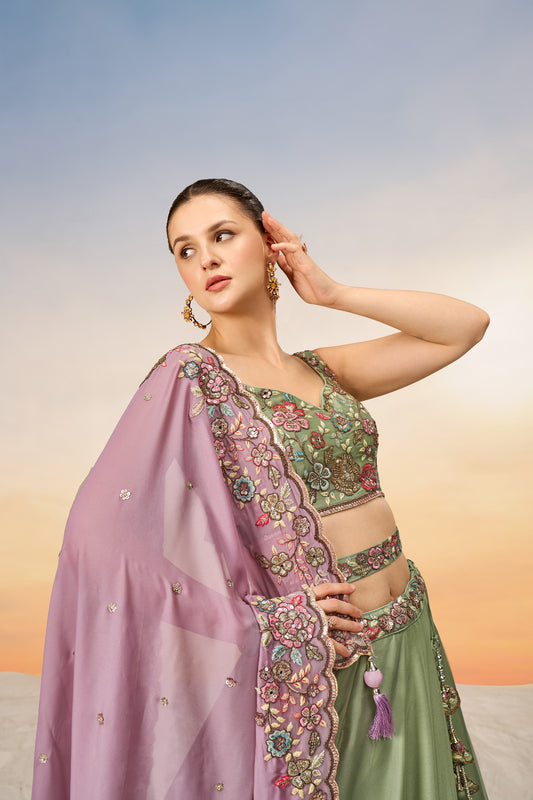 Lime Green Pure Georgette Mirror with Sequins embroidery Semi-Stitched Lehenga choli & Dupatta