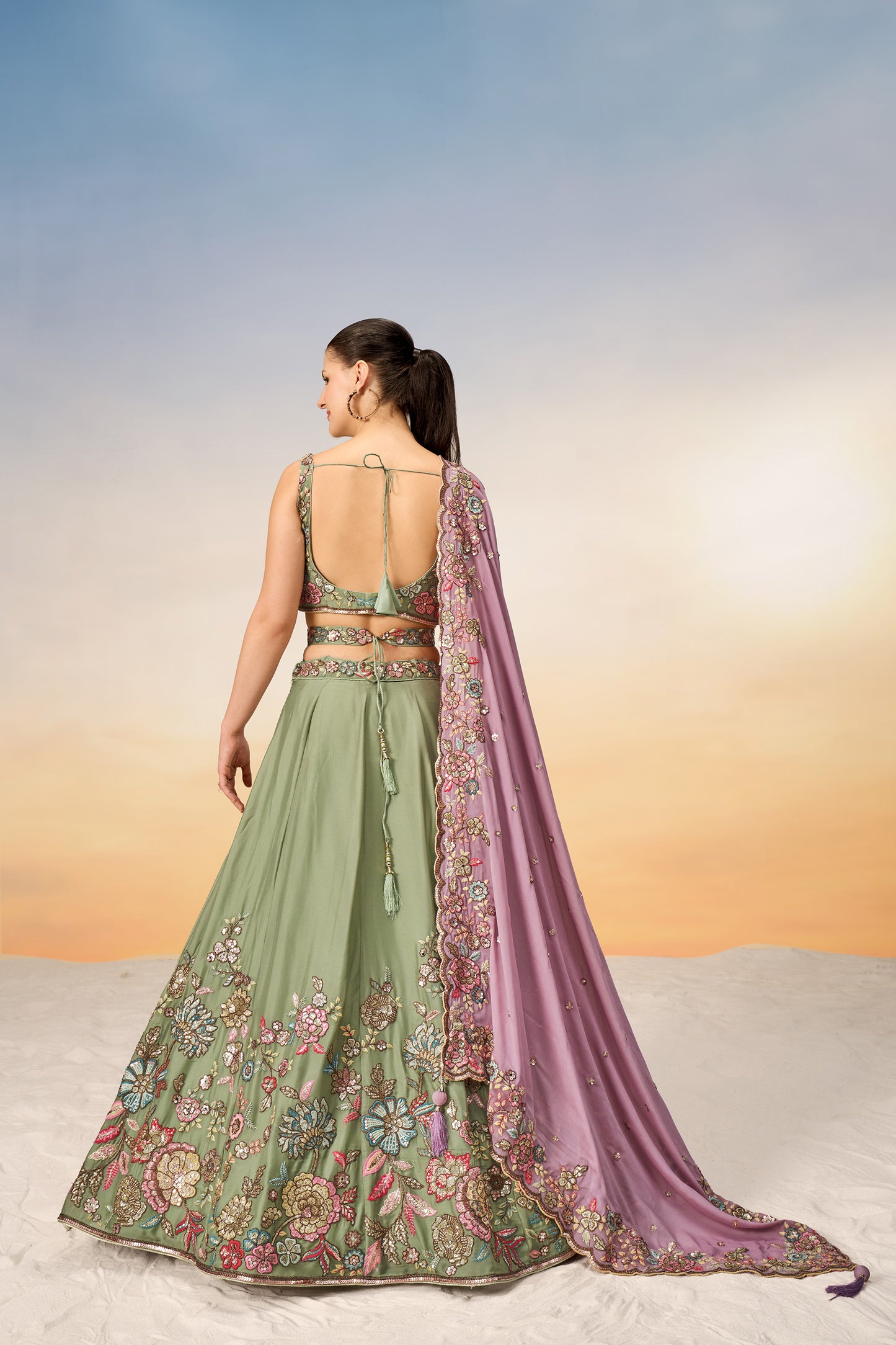 Lime Green Pure Georgette Mirror with Sequins embroidery Semi-Stitched Lehenga choli & Dupatta