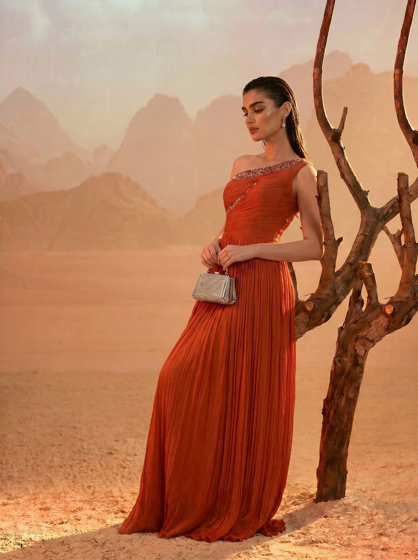 Orange One-Shoulder  Pure Chinnon Party Wear  Pleated Gown