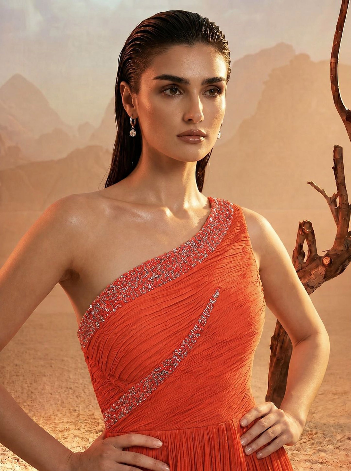 Orange One-Shoulder  Pure Chinnon Party Wear  Pleated Gown