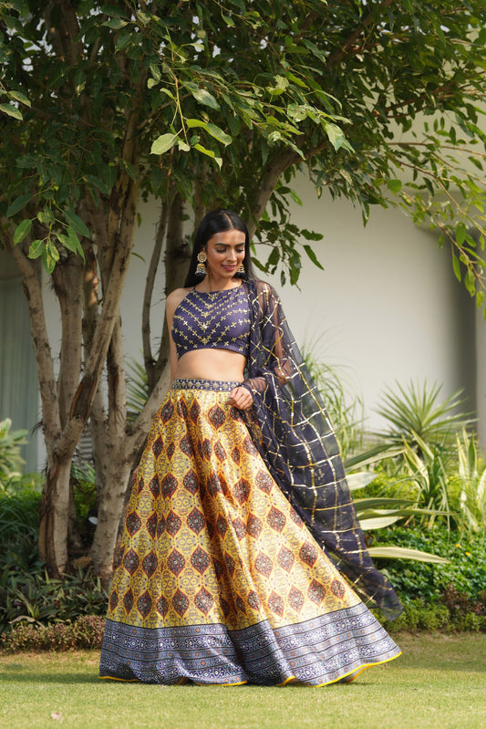 Yellow and blue Iqra lehenga set