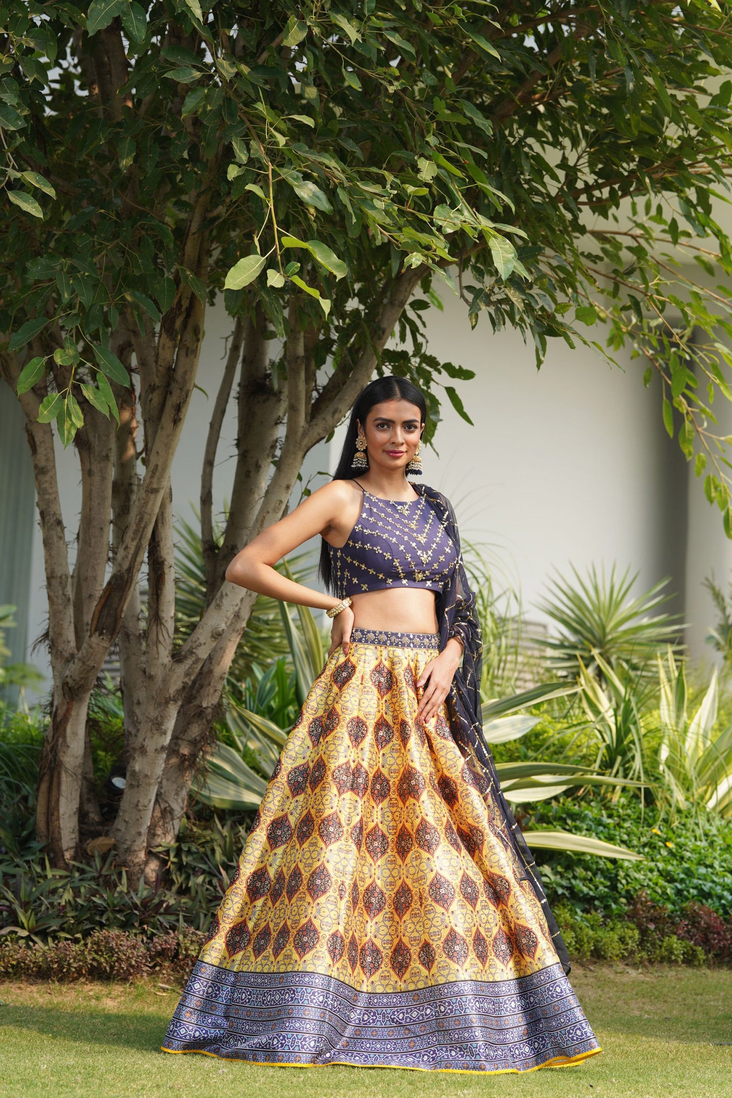Yellow and blue Iqra lehenga set