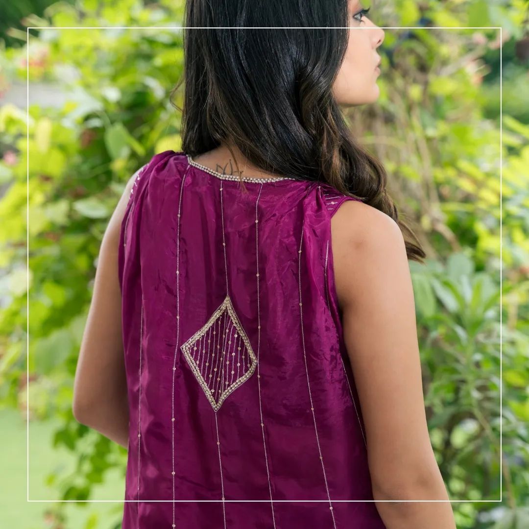Magenta Tussar Silk Hand Embroidered Kiara pant cape set