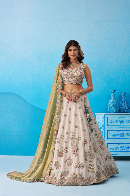 Cream & Green Tissue Sequins Embroidered Lehenga for Mehendi