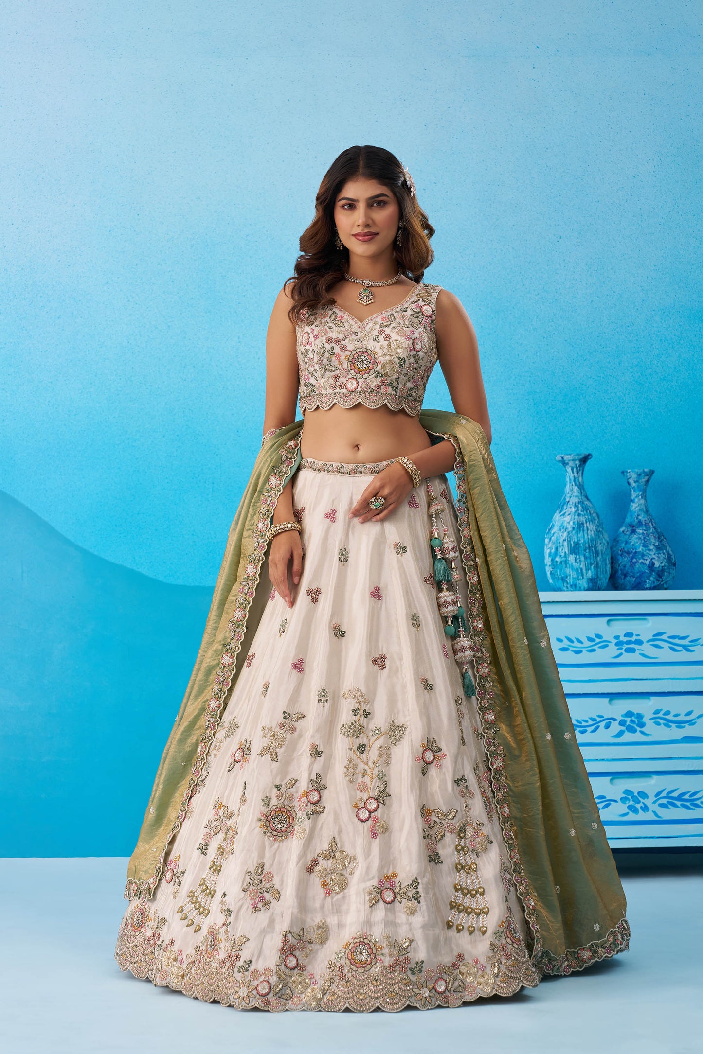 Cream & Green Tissue Sequins Embroidered Lehenga for Mehendi