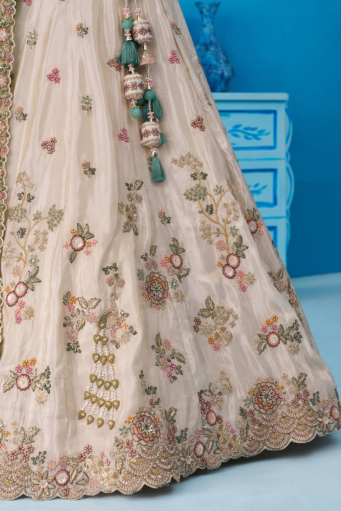Cream & Green Tissue Sequins Embroidered Lehenga for Mehendi