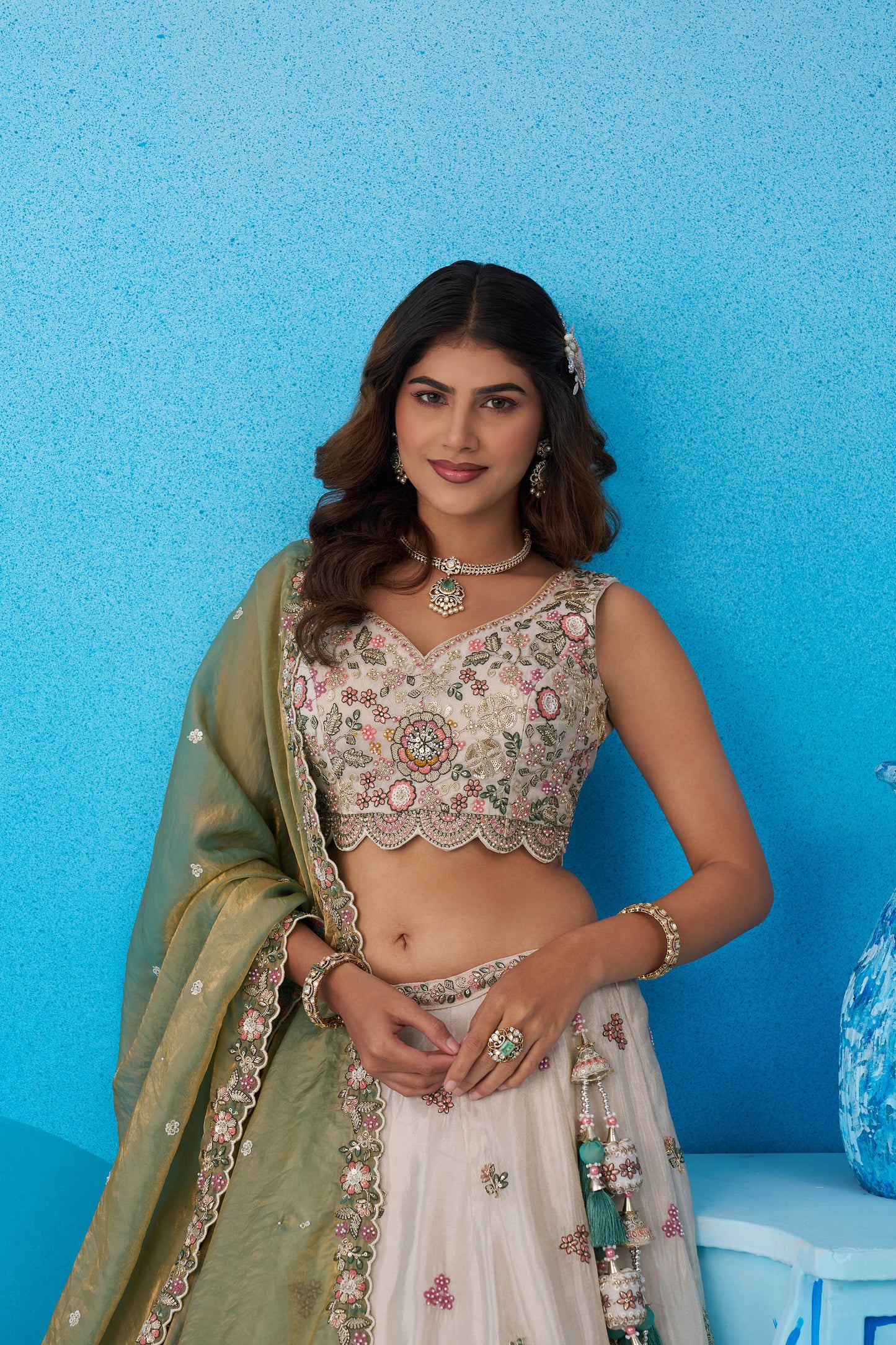 Cream & Green Tissue Sequins Embroidered Lehenga for Mehendi