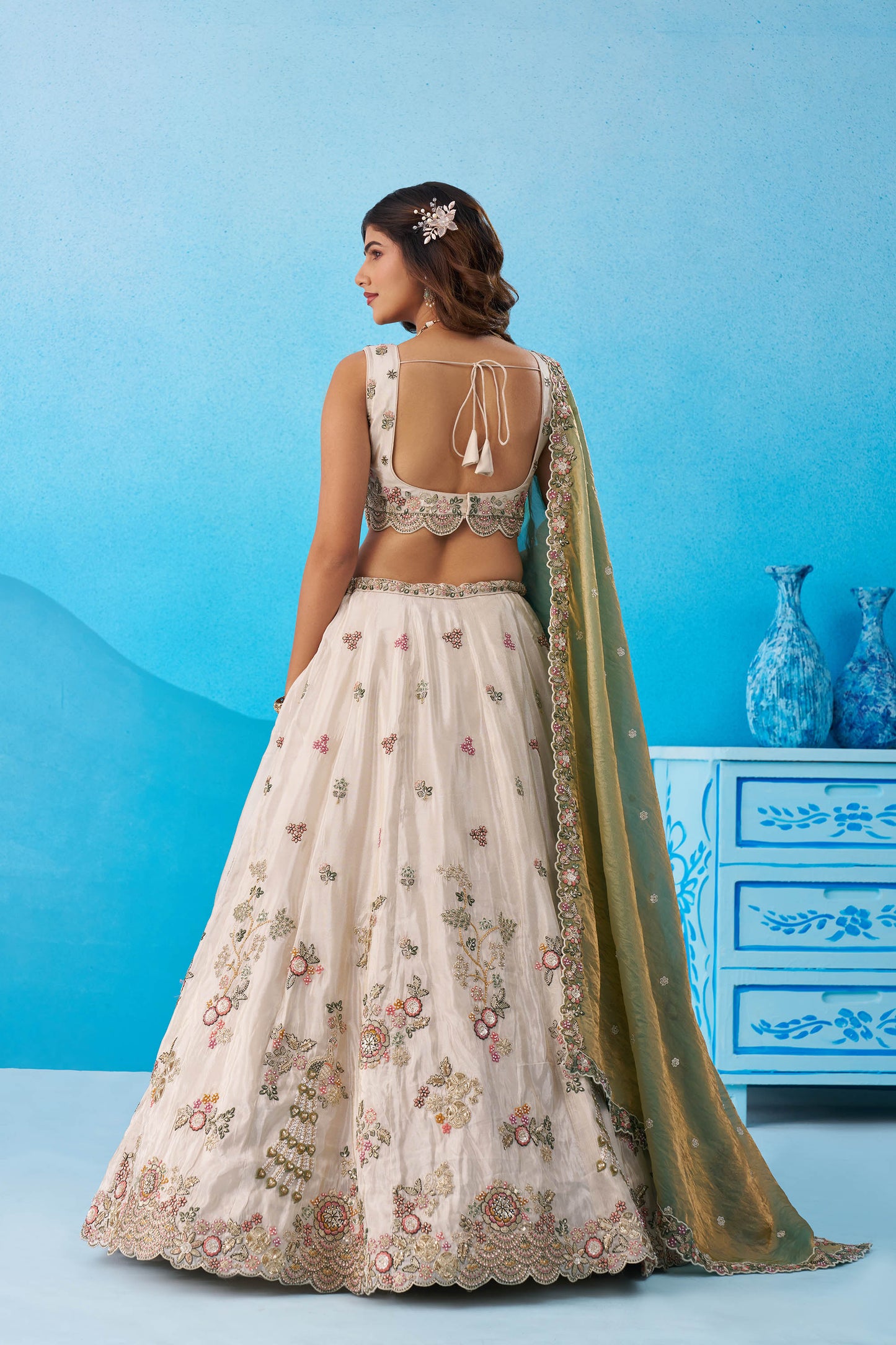 Cream & Green Tissue Sequins Embroidered Lehenga for Mehendi