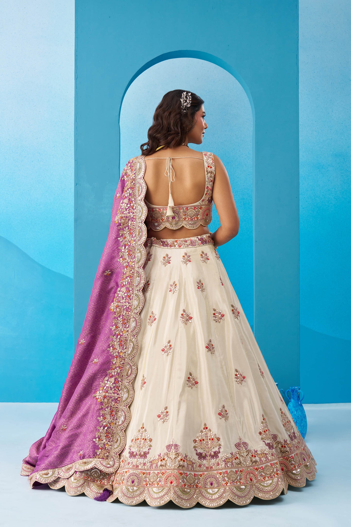 Cream Tissue Gota & Sequins Embroidered Lehenga with Purple Dupatta for Sangeet
