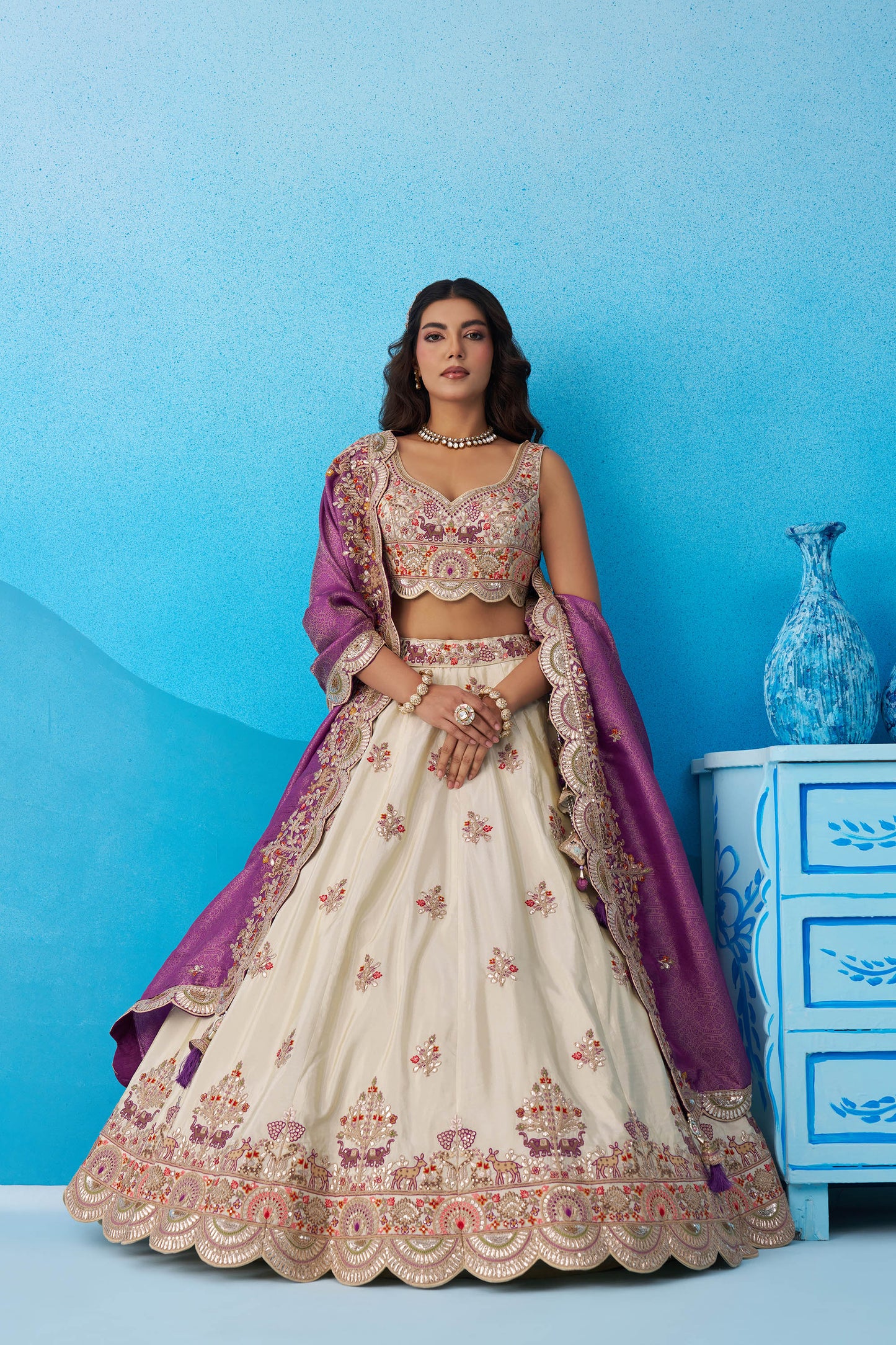Cream Tissue Gota & Sequins Embroidered Lehenga with Purple Dupatta for Sangeet