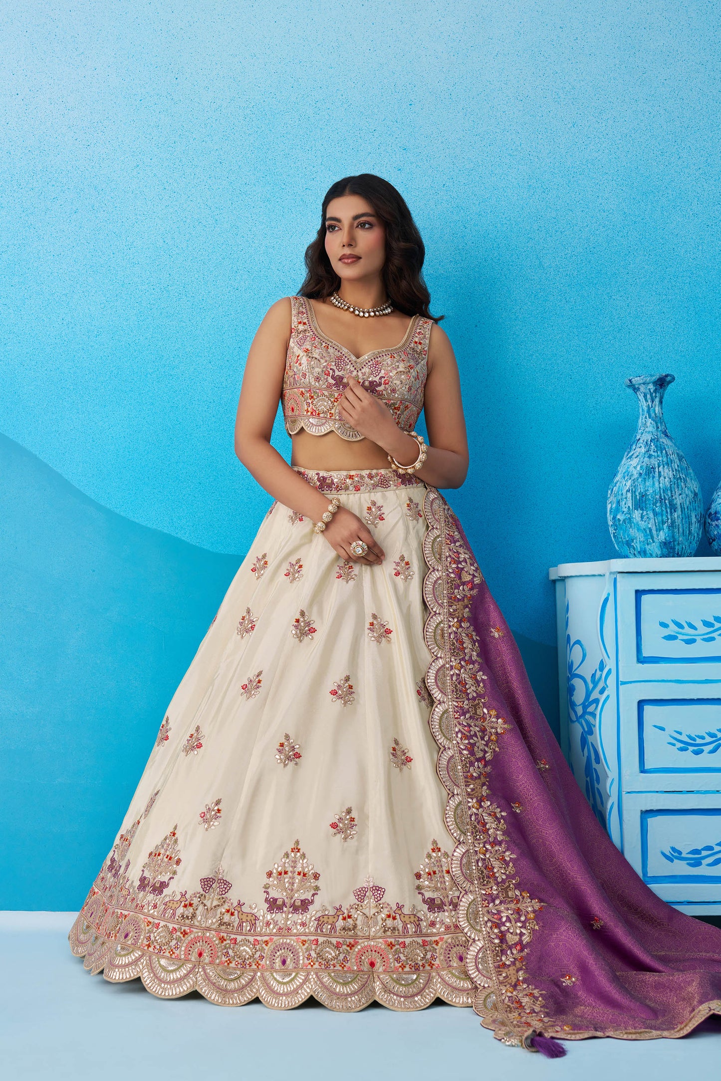 Cream Tissue Gota & Sequins Embroidered Lehenga with Purple Dupatta for Sangeet