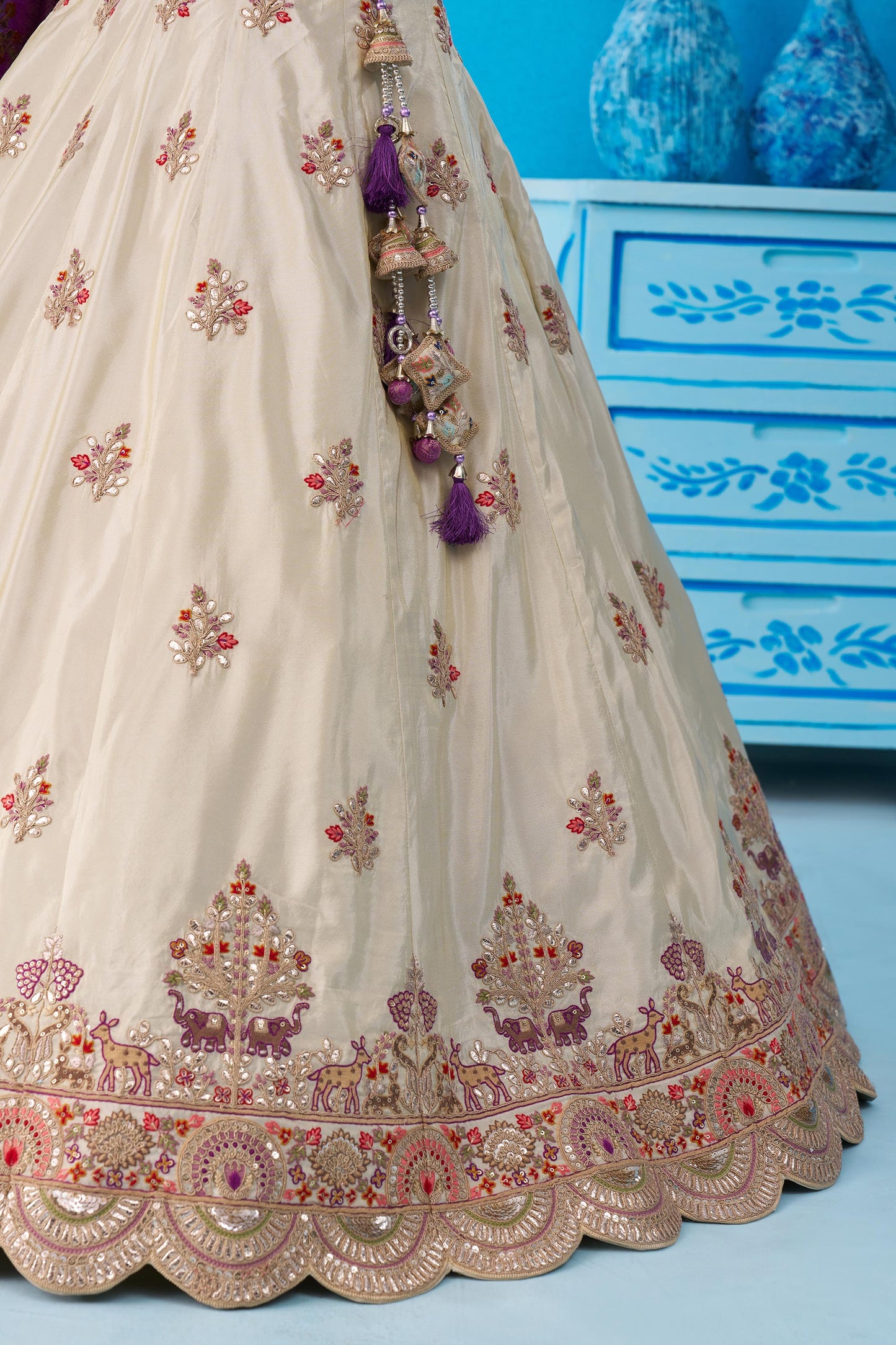 Cream Tissue Gota & Sequins Embroidered Lehenga with Purple Dupatta for Sangeet