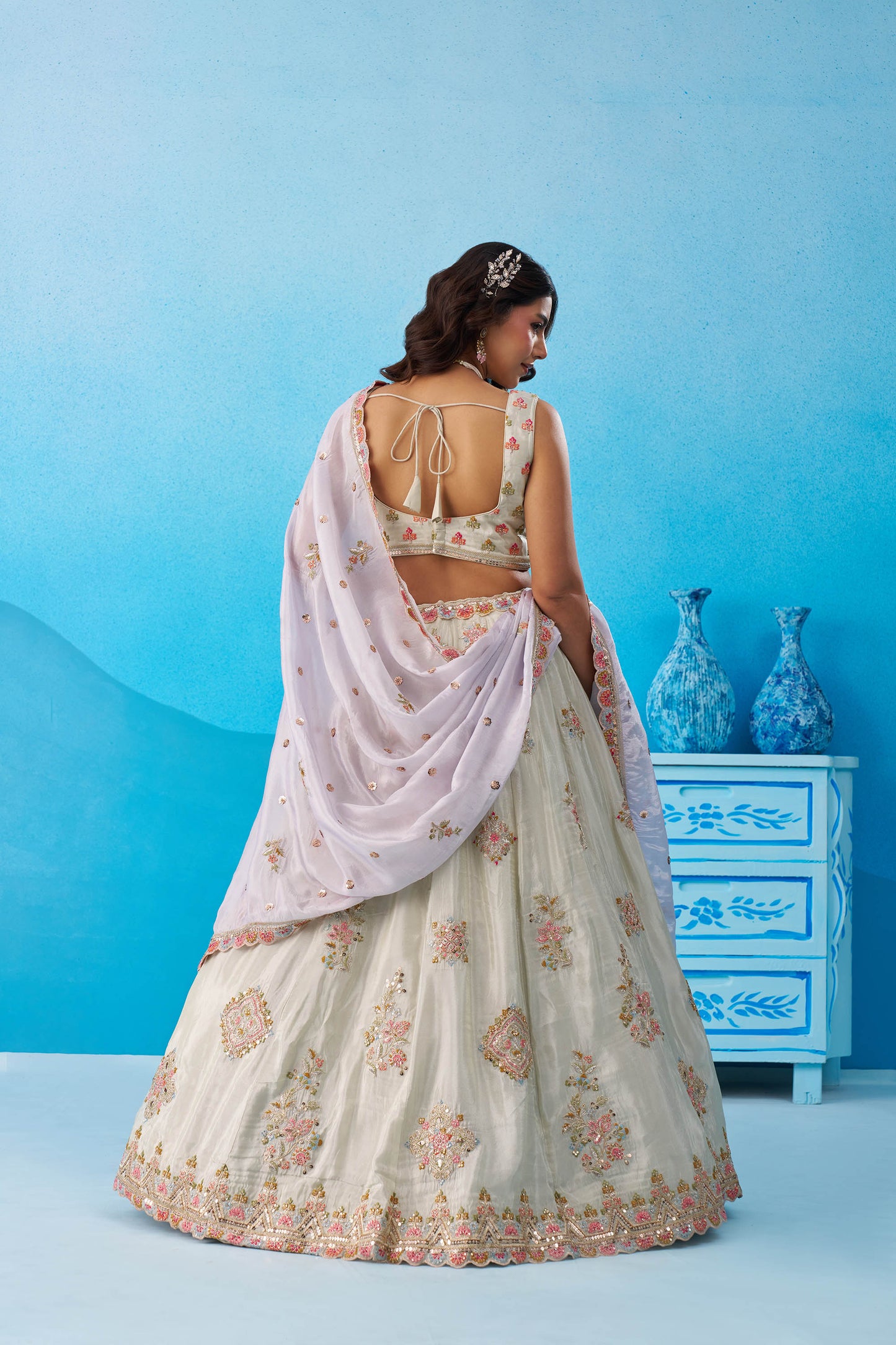 Lime Green Tissue Sequins & Zari Embroidered Wedding Guest Lehenga